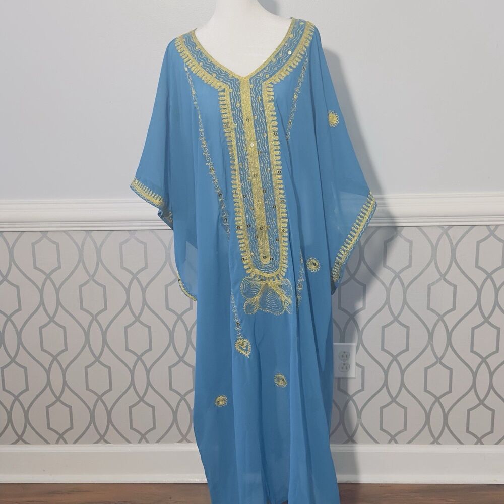 Teal Blue Moroccan Kaftan Dress Gold Embroidery Sequin Scarf Crepe Embellished